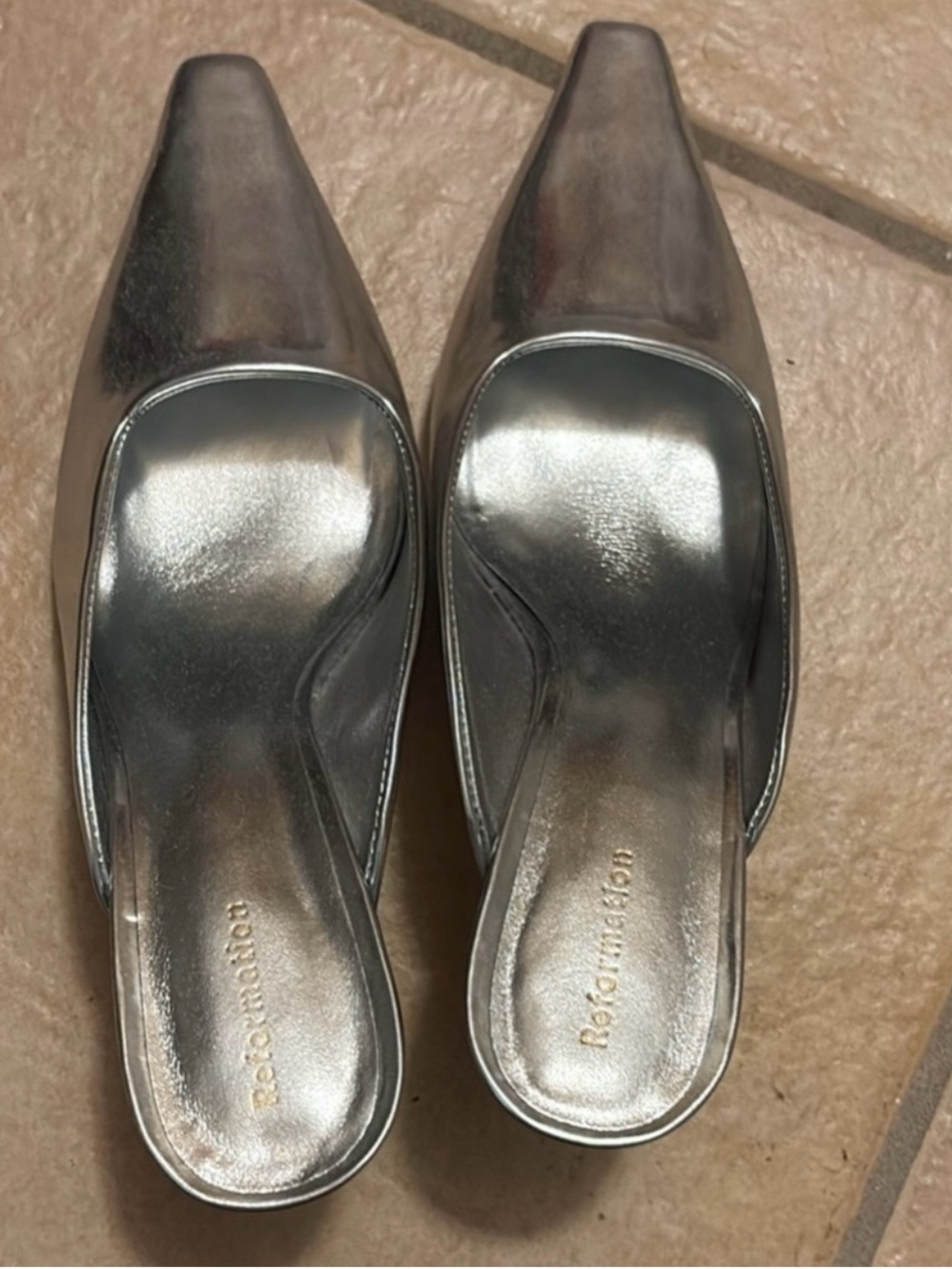 Reformation Metallic Silver Mule Heel
size 6